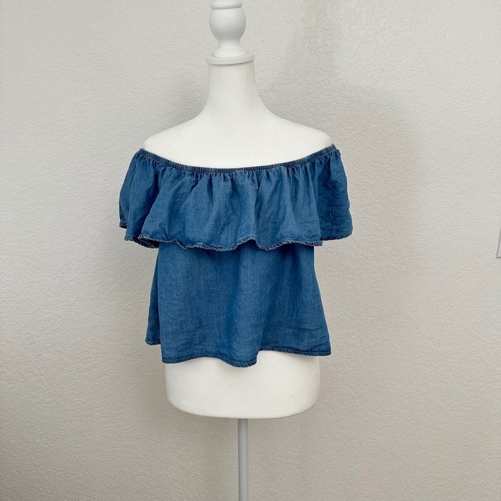 Haute Monde Off The Shoulder Ruffle Top Womens Medium Blue Denim Chambray